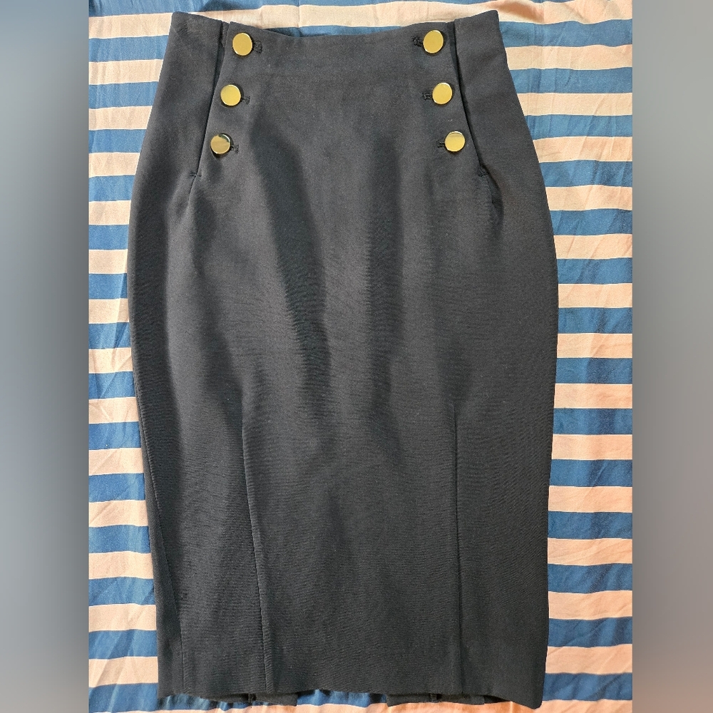 Navy Double Button Pencil Skirt with Gold Buttons